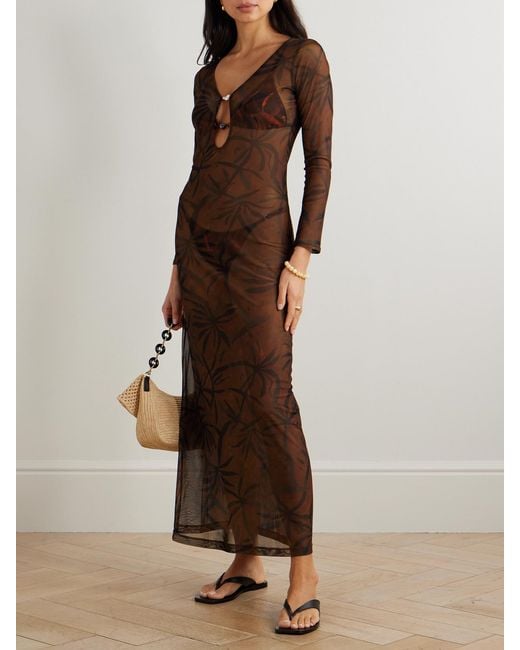 SARA CRISTINA Brown Marina Pearl-Embellished Printed Stretch-Tulle Coverup