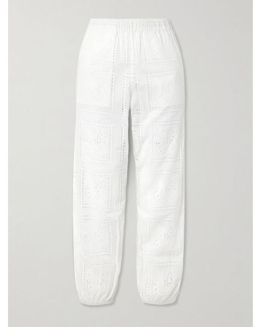 Tory Burch White Eyelet Beach Embroidered Cotton Tapered Pants