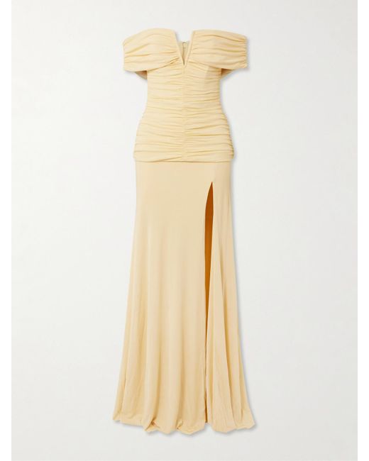Rebecca Vallance Natural Zaley Off-The-Shoulder Ruched Jersey Gown