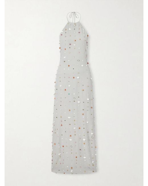 BERNADETTE White Francine Pearl-Embellished Crinkled-Shell Halterneck Dress