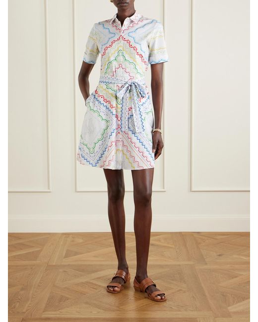 Mary Katrantzou White Belted Printed Cotton-Blend Midi Dress