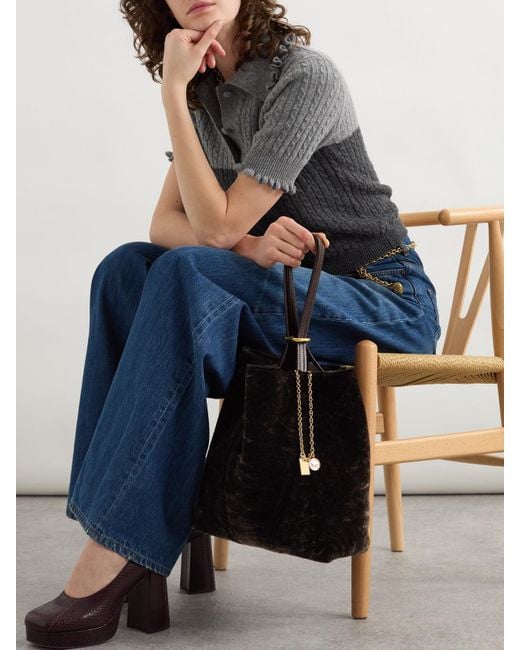Chloé Black Spin Leather-Trimmed Embellished Shearling Tote