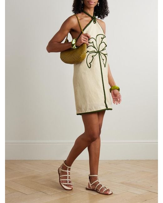 Farm Rio Natural Appliquéd Linen Halterneck Mini Dress