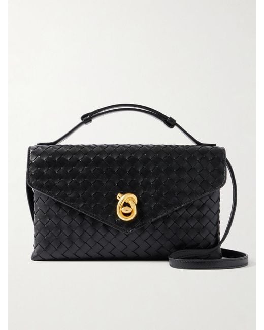 Bottega Veneta Black Knot Lock Medium Intrecciato Leather Shoulder Bag