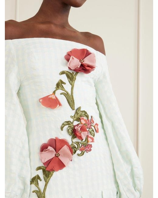 Agua Bendita White Senlis Off-The-Shoulder Floral-Appliqué Checked Linen Maxi Dress