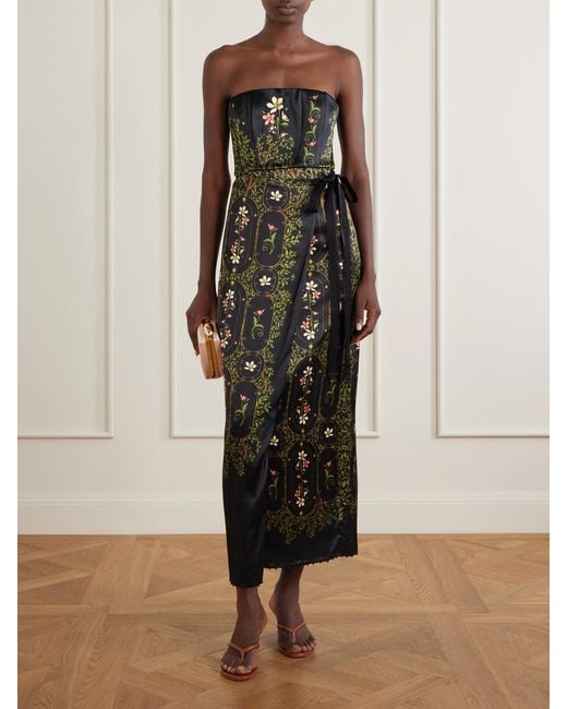 Agua Bendita Black Floral-Print Embellished Satin Midi Dress