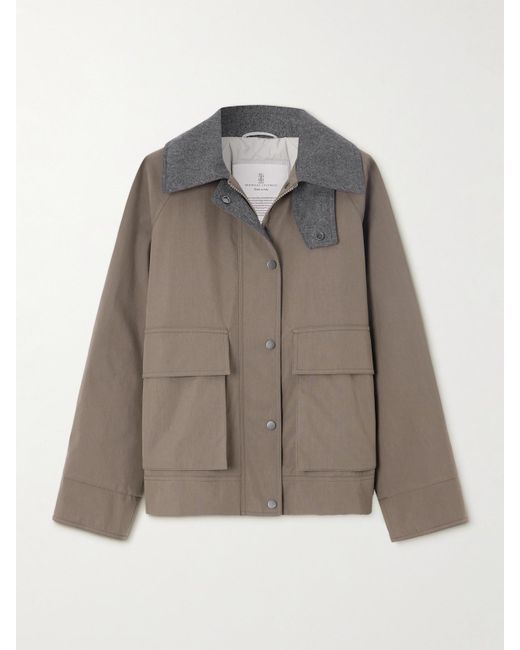 Brunello Cucinelli Gray Bead-Embellished Wool Felt-Trimmed Padded Cotton-Blend Jacket