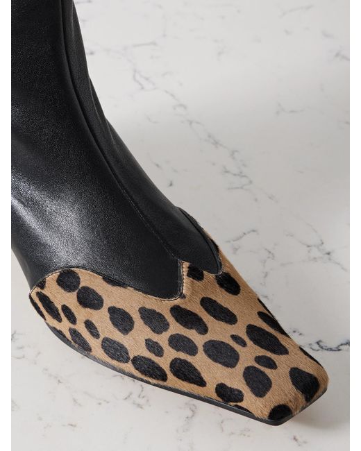 Khaite Black Nevada Leather And Leopard-Print Calf Hair Ankle Boots
