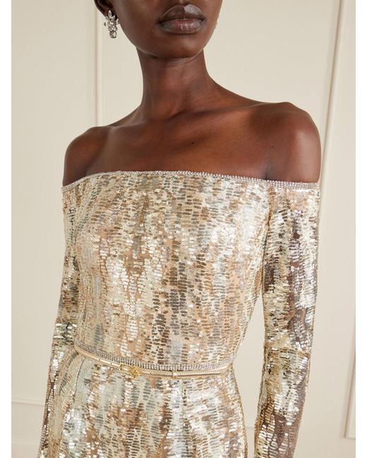 Elie Saab Natural Off-The-Shoulder Sequined Silk-Blend Gown