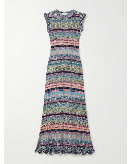 Ulla Johnson Blue Ajak Ruffled Striped Ribbed-Knit Midi Dress