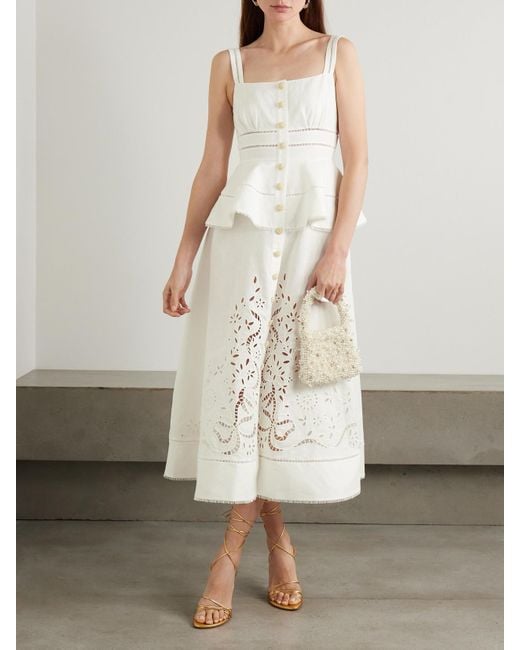 Self-Portrait White Midikleid Aus Einer Leinen-Baumwollmischung Mit Lochstickerei Und Verzierungen