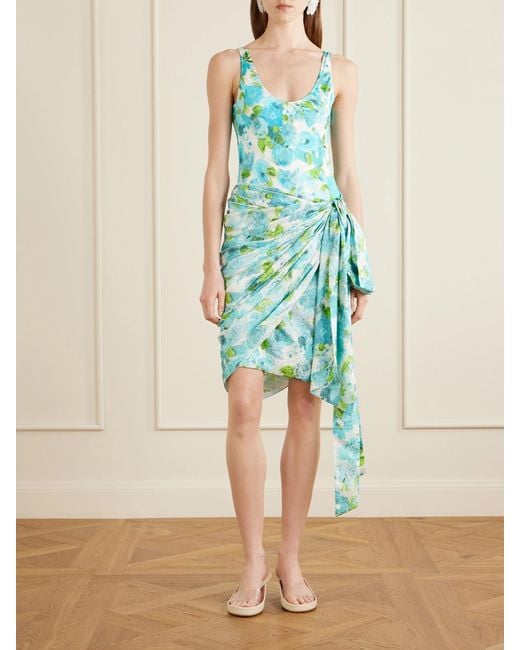Chloé Blue Floral-Print Silk-Jacquard Draped Midi Skirt