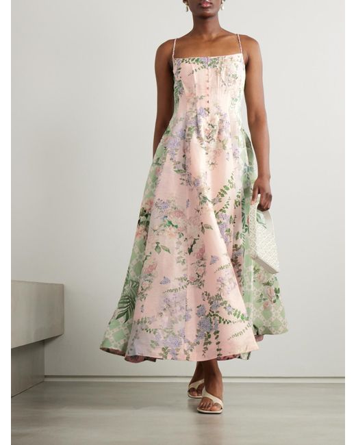 Camilla Natural Midikleid Aus Einer Leinen-Seidenmischung Mit Blumenprint Und Verzierungen