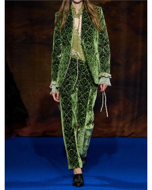 Burberry Green Velvet-Jacquard Straight-Leg Pants