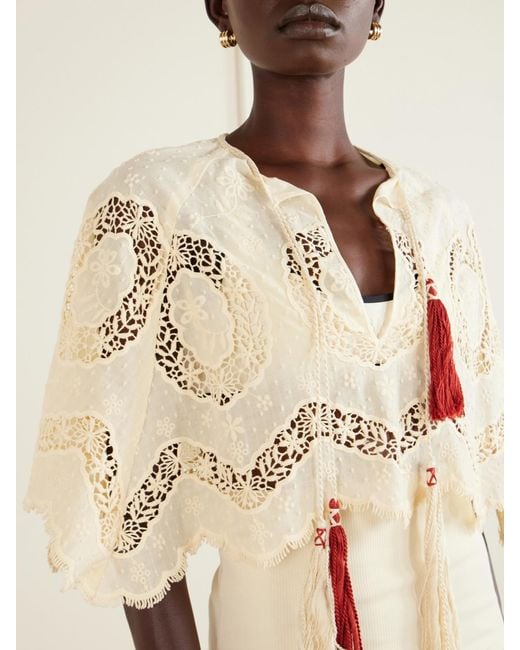 Johanna Ortiz Natural Sun Tides Tasseled Broderie Anglaise Cotton-Blend Top
