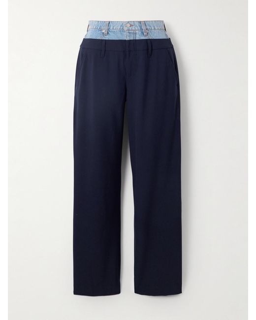 Jonathan Simkhai Blue Ophelia Denim-Trimmed Grain De Poudre Straight-Leg Pants