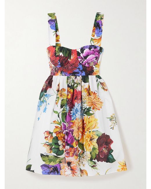 Dolce & Gabbana White Shirred Floral-Print Cotton-Poplin Bustier Mini Dress