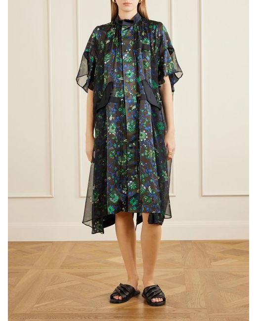Sacai Green Floral-Print Satin Midi Dress
