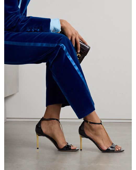 Tom Ford Black Emanuelle Chain-Embellished Croc-Effect Leather Sandals