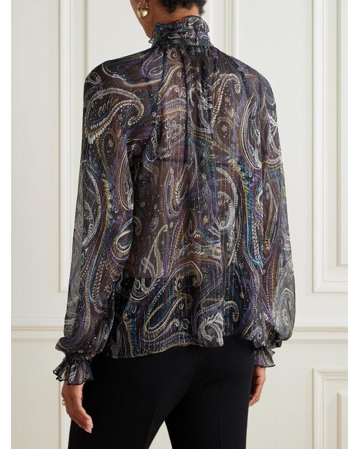 Etro Gray Pussy-Bow Printed Metallic Silk-Crepon Blouse