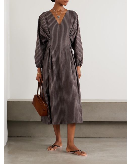 Abadia Purple Amaya Striped Pleated Linen-Blend Midi Dress