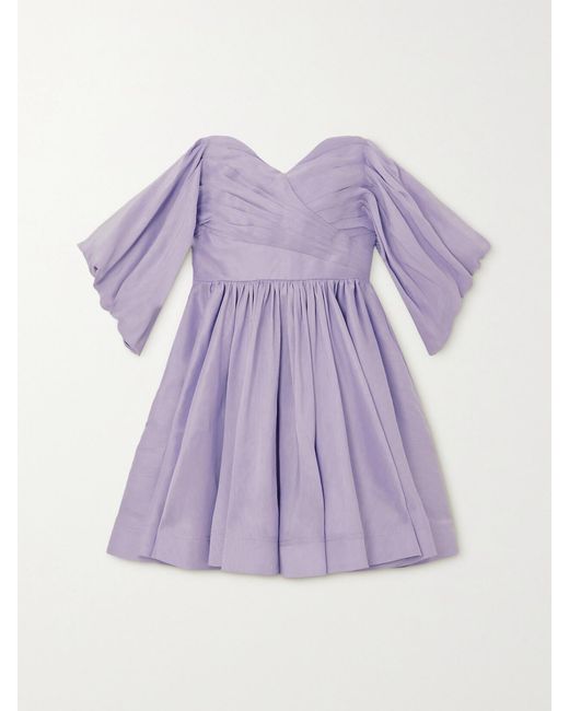 Mini-Robe Épaules Nues En Lin Mélangé À Plis Zorina Aje. en coloris Purple