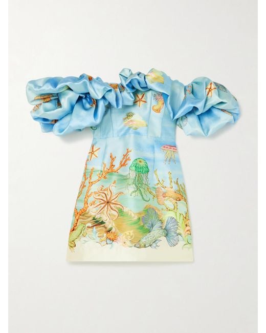ALÉMAIS Blue Sam Pauletto Emerald Cove Off-The-Shoulder Gathered Printed Recycled Duchesse-Satin Mini Dress