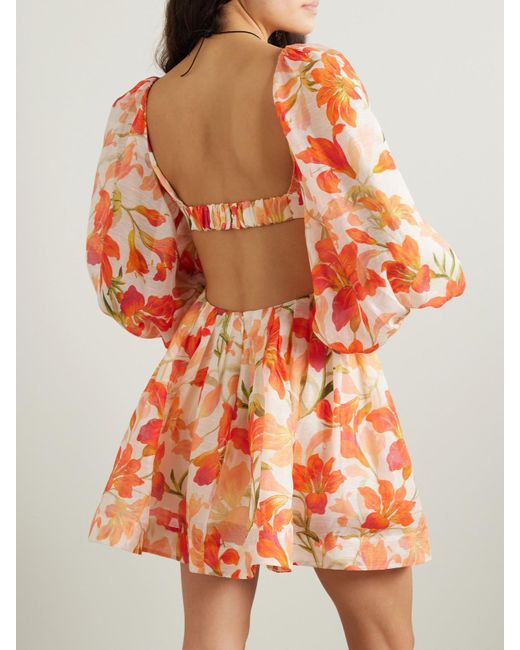 Zimmermann Orange Tranquility Open-Back Floral-Print Linen And Silk-Blend Voile Mini Dress