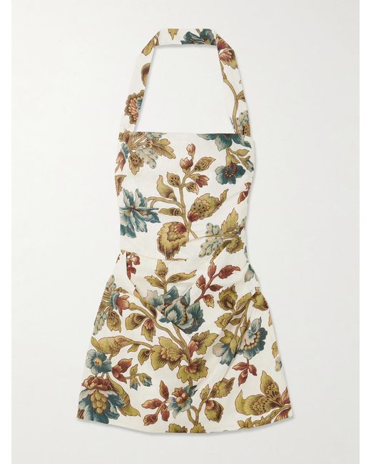 Sir White Floral-Print Linen Halterneck Mini Dress