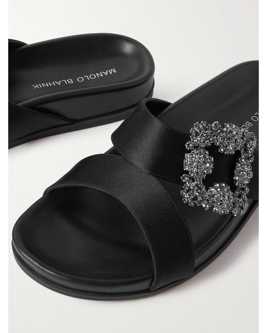 Manolo Blahnik Black Chilanghi Buckled Satin Slides