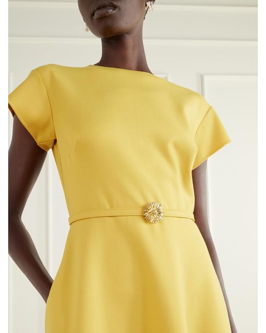 Oscar de la Renta Yellow Belted Wool-Blend Cady Midi Dress