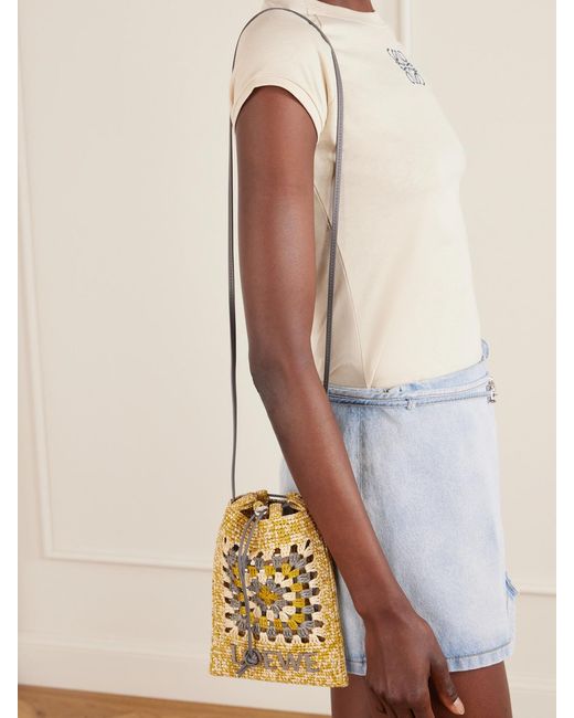 Loewe Metallic Paula's Ibiza Leather-Trimmed Crocheted Raffia Bucket Bag