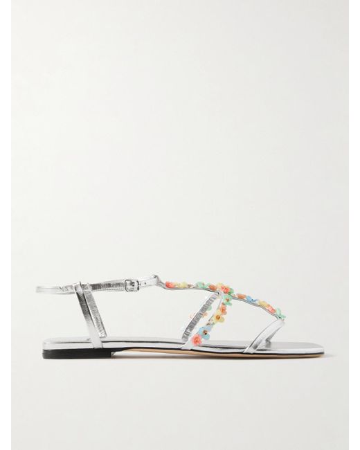 Jimmy Choo White Gwyn Bead-Embellished Metallic Leather Sandals