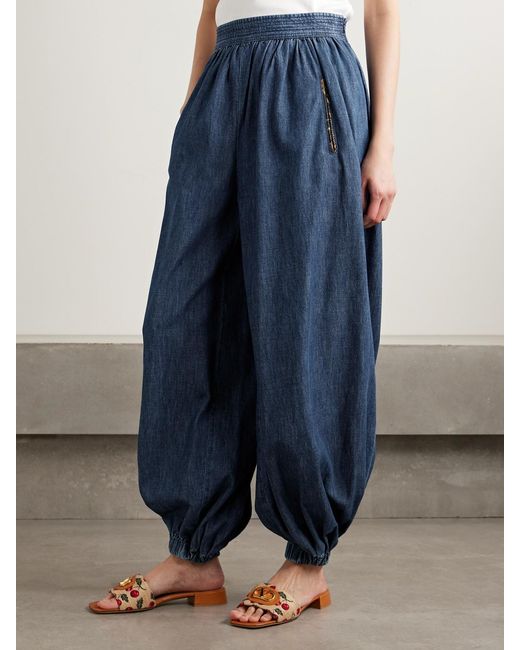 Valentino Garavani Blue Embroidered Chambray Tapered Pants