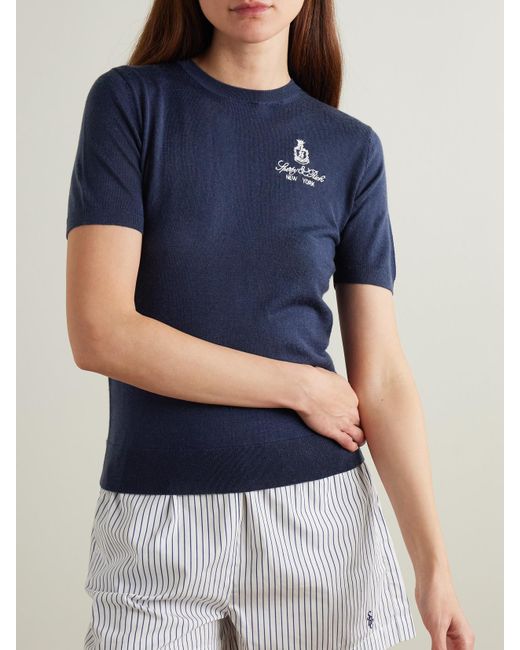 Sporty & Rich Blue Vendome Embroidered Merino Wool T-Shirt