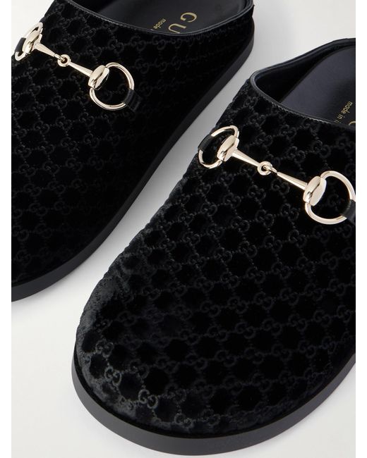 Gucci White New Sol Horsebit-Detailed Leather-Trimmed Velvet Slippers