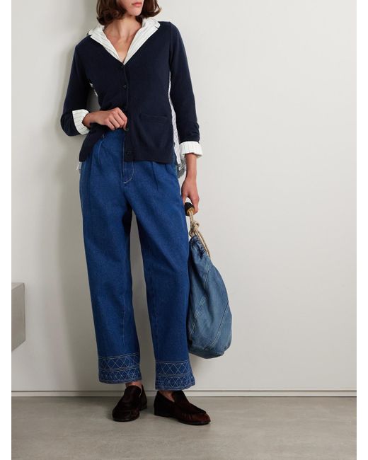 Sea Blue Lennon Paneled Merino Wool-Blend And Striped Broderie Anglaise Cotton-Poplin Cardigan