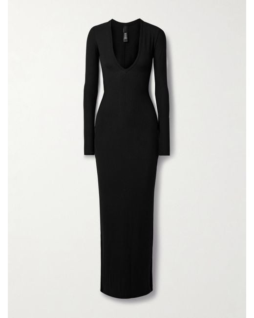 Skims Black Soft Lounge Long Deep Plunge Dress