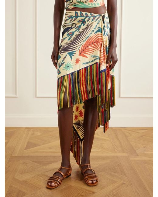 Etro White Asymmetric Fringed Printed Silk-Twill Mini Skirt