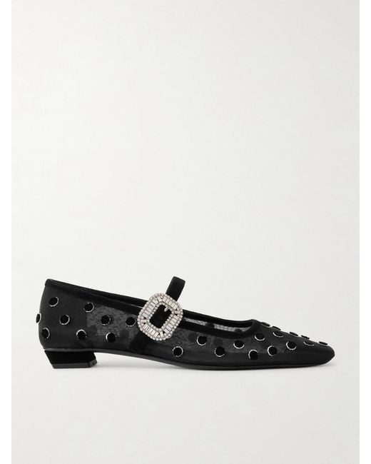 Roger Vivier White Belle Vivier 25 Embellished Flocked Mesh Mary Jane Ballet Flats