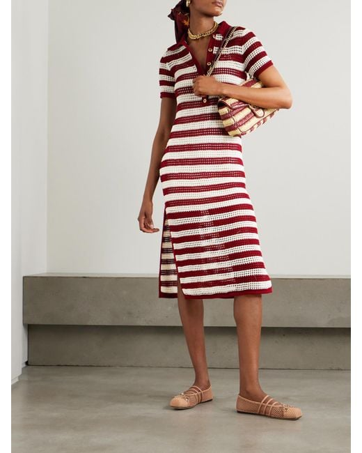 Gucci Red Striped Crocheted Cotton Midi Dress