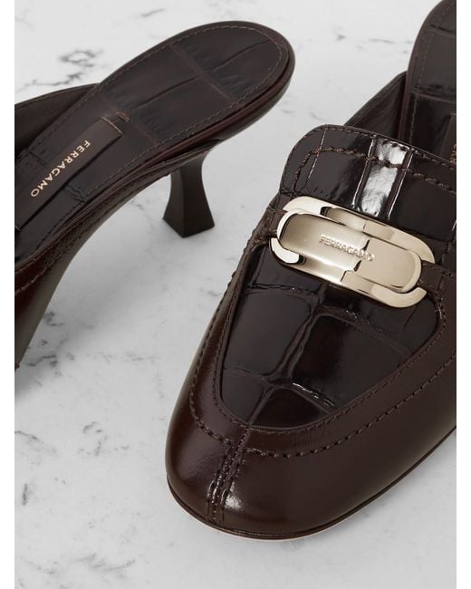 Ferragamo Brown Elodye Embellished Smooth And Croc-Effect Leather Mules