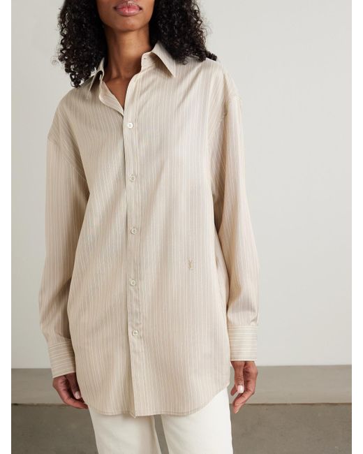 Saint Laurent White Hemd Aus Gestreifter Seide Mit Stickerei