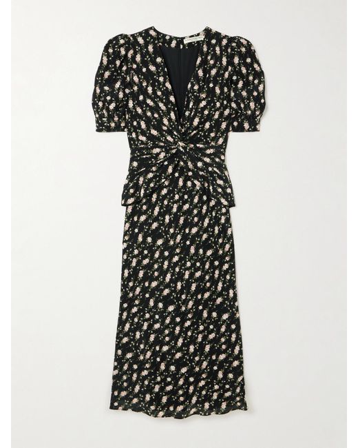 Alessandra Rich Black Garden Party Bow-Detailed Floral-Print Silk Crepe De Chine Midi Dress