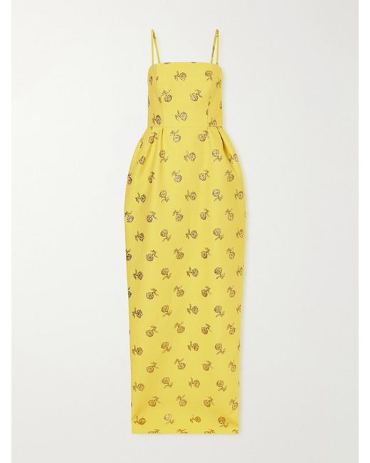 Carolina Herrera Yellow Pleated Floral-Jacquard Lurex-Trimmed Crepe Gown