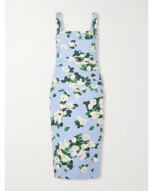 Carolina Herrera Blue Floral-Print Draped Cotton-Blend Faille Midi Dress