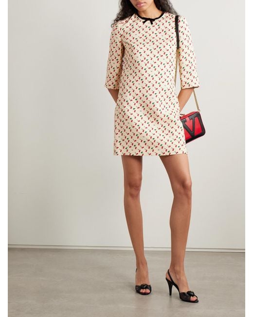 Valentino Garavani Natural Minikleid Aus Bedrucktem Crêpe Aus Einer Wollmischung Mit Samtbesatz