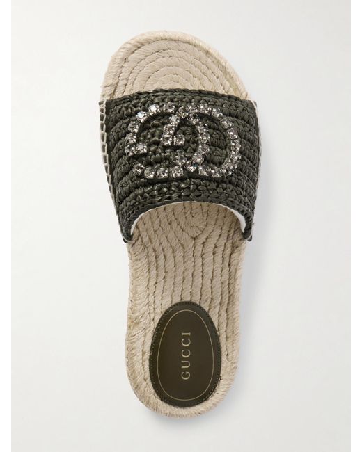 Gucci Green Cora Crystal-Embellished Raffia Espadrille Slides