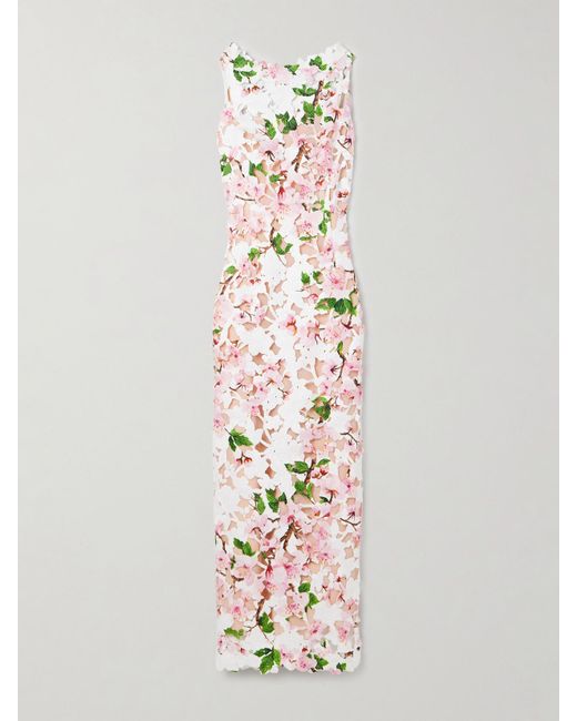 Oscar de la Renta White Robe Aus Guipure-Spitze Mit Blumenprint