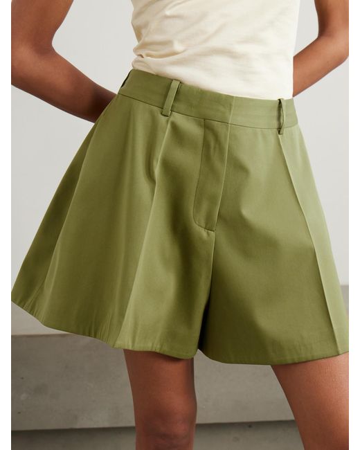 Loewe Green Pleated Cotton And Silk-Blend Sateen Shorts